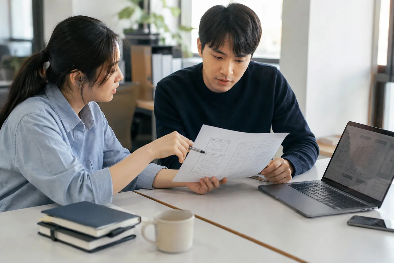 두 개발자가 노트북 옆에서 화면 설계안을 함께 검토하는 장면 · AI 생성 예시