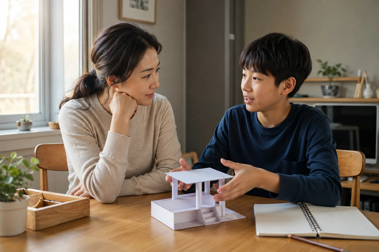 아이가 만든 종이 모형을 보며 보호자와 경험을 이야기하는 장면 · AI 생성 예시
