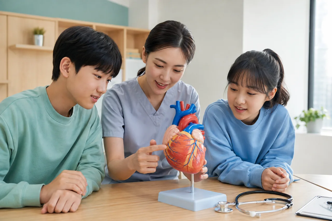 교육자와 학생들이 교육용 심장 모형을 살펴보는 장면 · AI 생성 예시